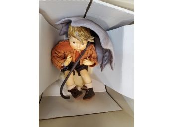 1988 Goebel Hummel Umbrella Boy Porcelain Doll In Box, 8.5'H Soft Body, Umbrella Stand