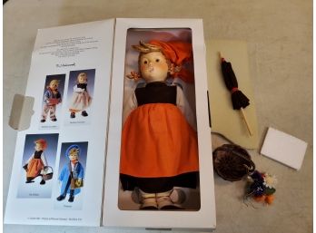 1983 Goebel Hummel On Holiday Porcelain Doll Still Banded In Box, 15'H Soft Body, Umbrella Basket Flowers COA