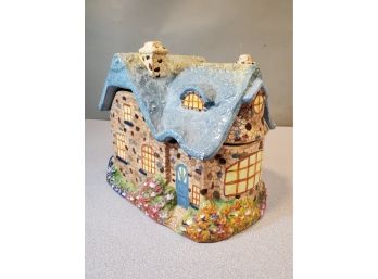 2005 Thomas Kinkade Garden Cottage Ceramic Cookie Jar House Canister, Everett's Birthday, 9' X 7' X 9'h