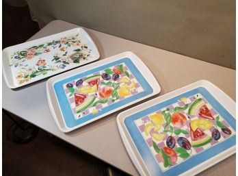 Italian Melamine Trays, 22' X 14.5' Each, 1998 Barbara Horvath Bird Nest & Flowers, 1994 Maret Checks & Fruit