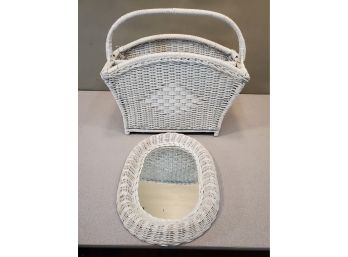 Vintage White Wicker Wall Mirror & Magazine Rack