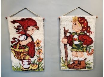 Pair Of Hooked Rug Wall Hangings, Girl & Boy, 16' X 27' Plus 4' Hanger