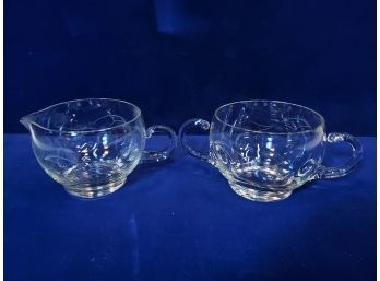 Clear Crystal Glass Cream & Sugar Set, Curly Que Handles, Leaf & Vine Cut Pattern