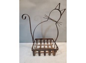 Welded Iron Figural Cat Silhouette Basket, 17'w X 10.25'd X 19.75'h