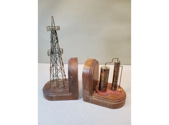 Vintage C.1977 Ken Tatyrek Signed Bookends Brutalist Industrial Sculpture: Oil Derrick Well & Storage Tanks