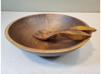 Vintage Weston Bowl Mill 11.75' Hardwood Wooden Salad Bowl & Spoon Fork Utensils, Weston Vermont