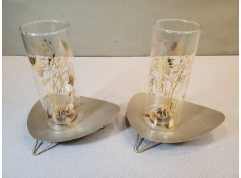 Vintage David Douglas Atomic Age Candle Holders, Boomerang Bases With Hurricane Glass, MCM Mid Century Modern