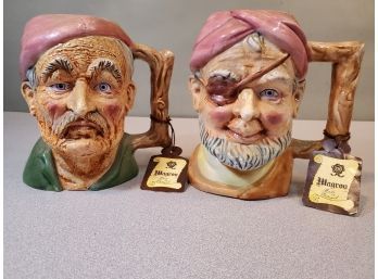 2 Large 7' Vintage Magrou Portugal Toby Character Jug Mugs, ArtMark Labels On Bottom