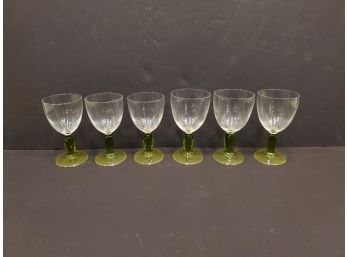 Lot Of 6 Stemware Glasses With Square Green Stems, (3) 5.25x2.75, (3) 5.5x3