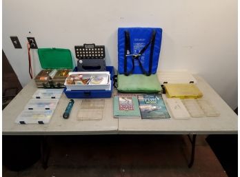 Lot Of Fishing Supplies And Accessories, Tackle Boxes, Fishing Lures, Organizing Boxes, Flotation Cushions