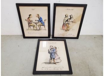 Set Of 3 English Framed Cartoon Drawing Prints 13x10.5