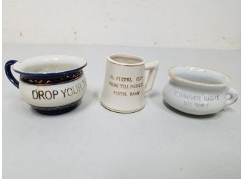 3 Antique Humorous Porcelain Mini Cups, One Hand Marked 1953 Tunbridge Fair Underneath