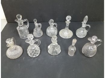 Lot Of 10 Antique Cruets With Stoppers, Hand Blown, Diamond & Star Cut Glass