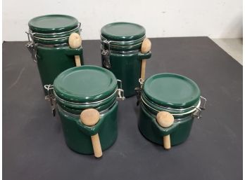 4 Piece Green Kitchen Canister Set With Wooden Spoons