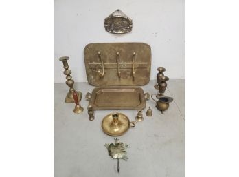 Lot Of 13 Brass Items, Candle Sticks, Bells, Platters, Tiny Vases, And More