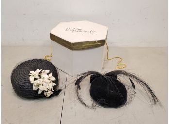 Lot Of 2 Vintage Women's Dress Hats, Best & Co. Pillbox, Lenore Marshall Fascinator Hat, B Altman & Co. Box