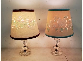 2 Vintage Glass Bedroom Table Lamps With Hand Made Cut And Pierced Shades