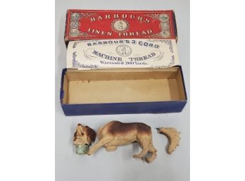 Vintage Barbour's White No. 40 Linen Thread Box With Dog Figurine That Was Found Inside.