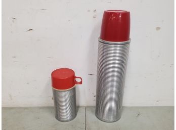 Set Of Vintage Thermos Ribbed Silver Vacuum Bottles No. 2484 Quart With Nesting Cups And No. 2884 Half Pint