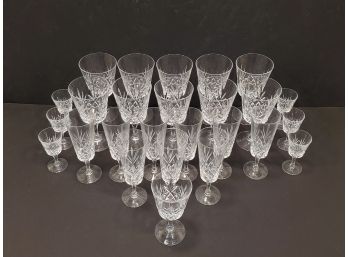 Set Of 26 Cut Crystal Star Pattern Stemware Glasses, (10) 6.5x3.25, (9) 6.75x2.25, (6) 3.75x1.75, (1) 5.5x2.75