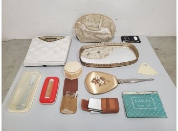 Vintage Women's Essential Toiletries Vanity Set, Tray, Hand Mirror, Hairbrushes, Scale, Travel Bag, And More