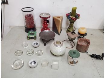 Lot Of 22 Candles, Candle Holders, Wax Warmer, Some Made By Yankee Candle