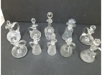 Lot Of 10 Antique Cruets With Stoppers, Etched & Embossed, Hand Blown & Wheel Cut