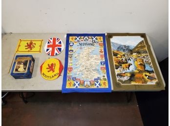 Collection Of Scotland And England Collectables, Commemorative Tin Box, Flag, Hats, Fabric Posters