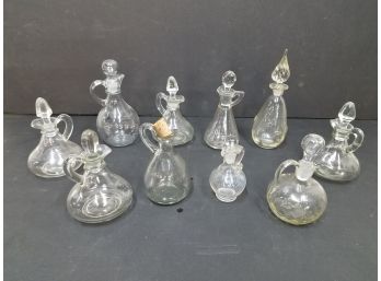 Lot Of 10 Antique Cruets With Stoppers, Mixed Hand Blown & Pressed Glass, Some Anchor Hocking