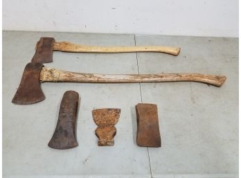 Lot Of 5 Axes & Axe Heads Including Splitting Maul Heads & Antique Broad Axe Head