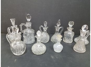 Lot Of 10 Antique Cruets With Stoppers, Hand Blown, Cut & Pressed Glass