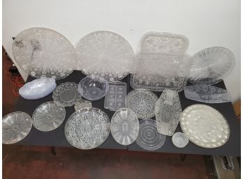 Lot Of 33 Plastic Crystal Banquet Buffet Serving Ware Ranging Up To 22', Platters, Trays, Bowls, Cups