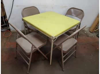 Vintage 30x30 Folding Yellow/green Card Table With 4 Standard Folding Metal Chairs