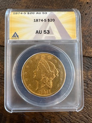 1874 Gold Liberty Head Coin: Mint:S    Grade: AU53