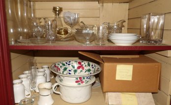 TWO SHELVES OF MISCELLANEOUS ANTIQUE GLASSWARE AND CHINAI