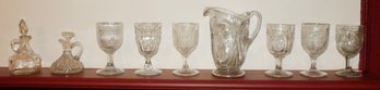 ANTIQUE EAPG GOBLETS, WATER PITCHER, AND CRUETS