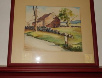 WATERCOLOR OF BARN SIGNED MONK'58