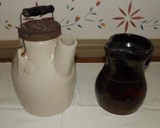 STONEWARE 10' FIELD JUG AND BROWN STONEWARE BATTER PITCHER