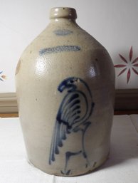 WHITE'S UTICA STONEWARE #2 JUG WITH COBALT BLUE PARROT