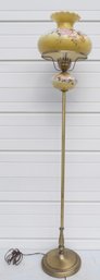 CHOICE HEAVY BRASS HURRICANE FLOOR LAMP WITH HAND PAINTED FLORAL SHADE