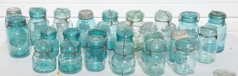 SELECTION OF ATLAS AND BALL AQUAMARINE CANNING JARS