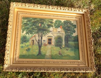 PRIMITIVE OIL ON BOARD OF STONE COTTAGE SIGNED GL SIMPSON