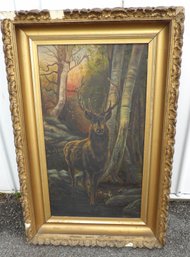 LARGE 1880'S VICTORIAN OIL ON CANVAS OF DEER IN FOREST