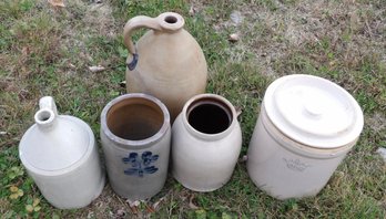 FIVE ASSORTED STONEWARE CROCKS AND JUGS