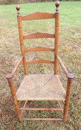 EARLY PILGRIM CENTURY LADDER BACK SLANT ARM MUSHROOM ARM CHAIR WITH ACORN FINIALS