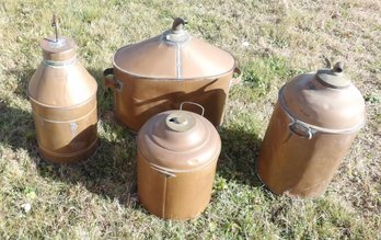 FOUR COPPER HAND SOLDERED DISTILLING KETTLES