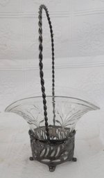 Ornate Silverplated Flower Basket With Pressed Glass Insert
