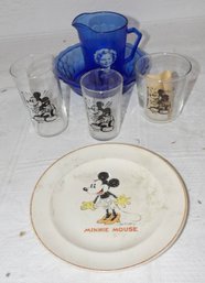 Antique 1930s And 1940s Walt Disney Minnie Mouse, Mickey Mouse And Blue Hazel Atlas Shirley Temple Pitcher And