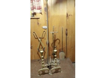Brass Fireplace Andirons And Tending Tools
