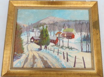 Choice Oil On Artist Board Bucolic Vermont Winter Landscape With Village
